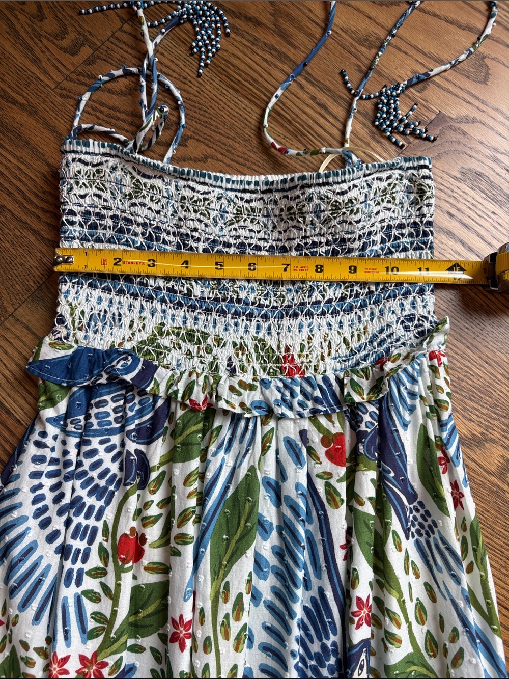 Farm Rio Macaws in Flight Blue & White Floral Bird Print Smocked Maxi Dress, XS - Picture 5 of 9
